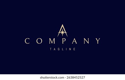 Vector golden logo with an abstract image of a compass with a star in the form of the letter A.