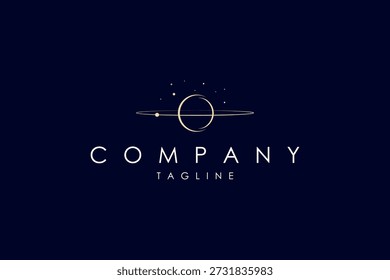 Logotipo dourado vetorial com uma imagem abstrata de um planeta com uma órbita contra um fundo de estrelas.