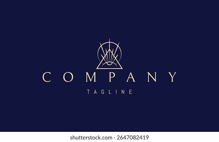 Um logotipo de vetor dourado com uma imagem abstrata um olho brilhante centrado dentro de um triângulo, emitindo raios de luz radiantes.