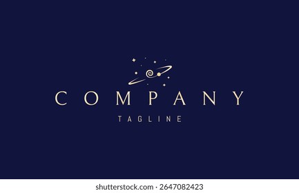 Um logotipo de vetor dourado com uma imagem abstrata de um planeta com uma linha de órbita curva definida contra um fundo estrelado.