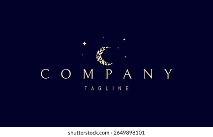 A vector golden logo featuring an abstract image a crescent moon formed from layered leaves, set against a background of stars.