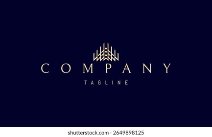 Um logotipo de vetor dourado com uma imagem abstrata uma pirâmide geométrica construída com linhas verticais, criando uma sensação de profundidade e simetria.