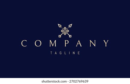 A vector golden logo featuring an abstract image two crossed arrows forming a balanced, minimal and symbolic geometric mark.