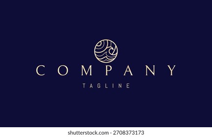 Um logotipo de vetor dourado com uma imagem abstrata um sol com ondas curvas dentro de um quadro circular.