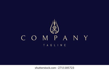 A vector golden logo featuring an abstract image a water drop formed from branches and leaves, symbolizing nature, life, and purity.
