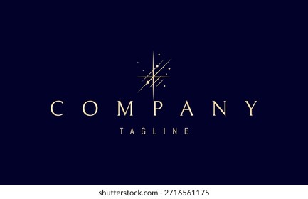 Um logotipo de vetor dourado com uma imagem abstrata caminhos lineares flutuando no espaço com uma estrela brilhante como o ponto cósmico focal.