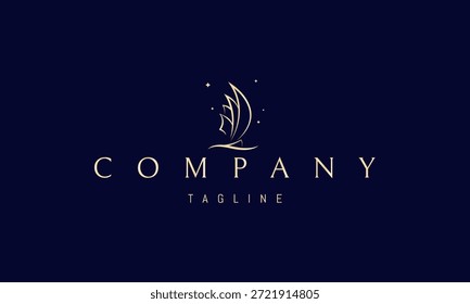 Ein goldenes Vektorlogo mit einem abstrakten Bild eines Segelbootes, das in einer sauberen minimalen Silhouette über eine Welle gleitet.