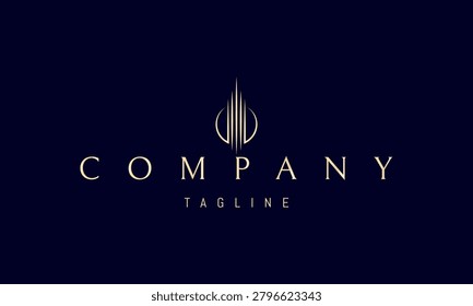 A vector golden logo featuring an abstract image of a tower formed by sharp columns symbolizing strength, ambition, stability and architectural grandeur.