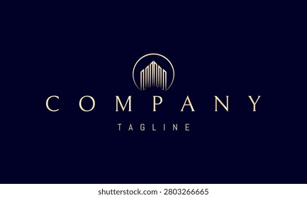 A vector golden logo featuring an abstract building shaped like an upward arrow symbolizing growth, ambition, architectural excellence and business success.