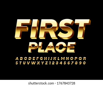 Vector Golden logo First Place.3D Luxury Font. Decorative elite Alphabet Letters and Numbers.