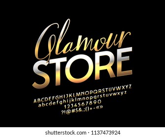Vector Golden logo Glamour Store. Fuente de metal elegante. Letras, números y símbolos elitistas de lujo