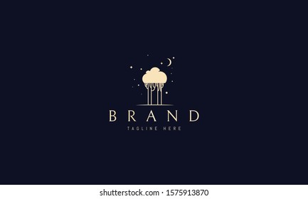 Vector golden logo on which an elegant image of trees under the night starry sky.