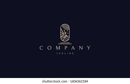 Vector golden logo on which an abstract image of a landscape with plants.