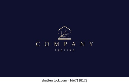 Vector golden logo on which an abstract image of a tree under the roof.