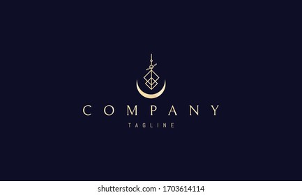 Goldenes Logo der Vektorillustration, auf dem ein abstraktes Bild eines alchemistischen Symbols mit invertiertem Mond abgebildet ist.