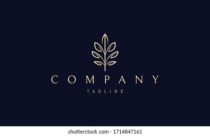 Vector golden logo on which an abstract image of a beautiful plant with leaves.