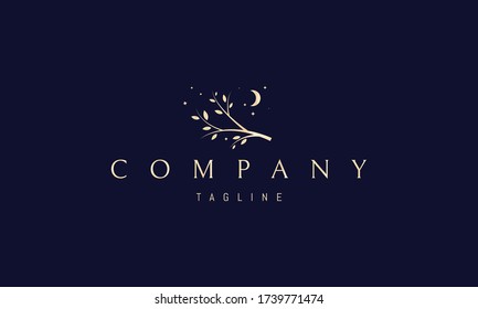Vector golden logo on which an abstract image of an elegant tree branch under the moon and stars.