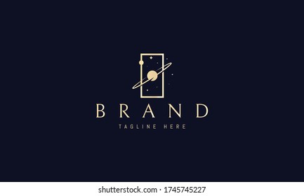 Vector golden logo on which an abstract image of space in a rectangle.