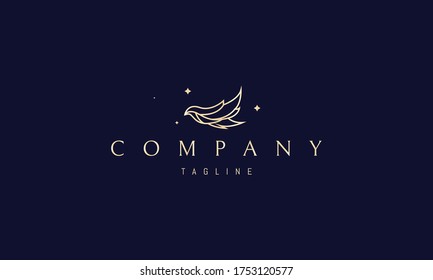 Vector golden logo on which an abstract image of a beautiful flying bird in a linear style.