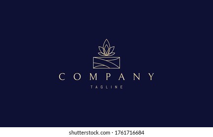 Vector golden logo on which an abstract image of a beautifully wrapped gift with a bow in the form of a lotus flower.