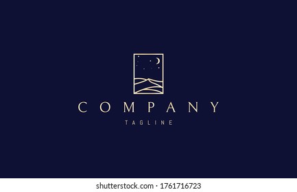 Logo de oro vectorial en el que una imagen abstracta del desierto de noche en un rectángulo.