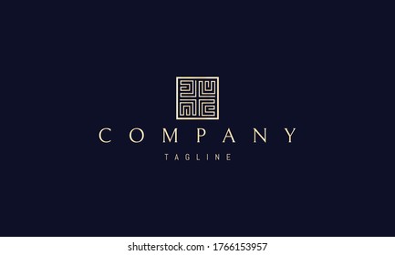 Vector golden logo on which an abstract image of a maze of square shape.