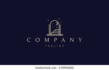 Vector golden logo on which an abstract image of the passage with steps leading up to the moon and stars.