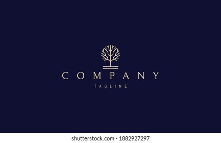 Vector golden logo on which an abstract image of a tree in a round shape in a linear style.