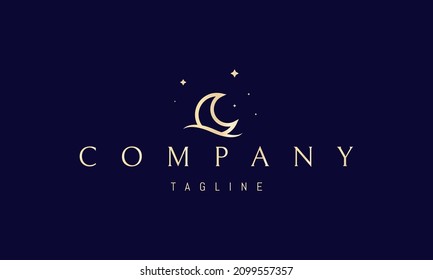 Vector golden logo on which an abstract image of the moon sleeping on the sea waves against a background of stars.