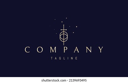 Vector golden logo on which an abstract image of two crossed spheres and a sword.