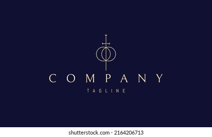 Logo de oro vectorial en el que una imagen abstracta de dos esferas y una espada en el medio.