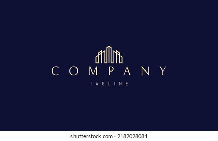 Vector golden logo on which an abstract image of a building in perspective in a linear style.