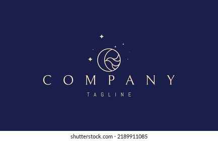 Vector golden logo on which an abstract image of the moon in a circle with waves.