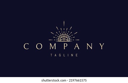 Logo de oro vectorial en el que una imagen abstracta de un sol brillante con un árbol en forma de cerebro adentro.
