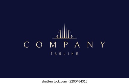 Vector golden logo on which an abstract image of a modern metropolis in a linear style.