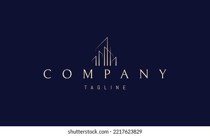 Vector golden logo on which an abstract image of high tech skyscrapers made of glass and light.