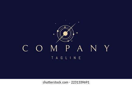 Vector golden logo on which an abstract image of a star with orbits in open space.