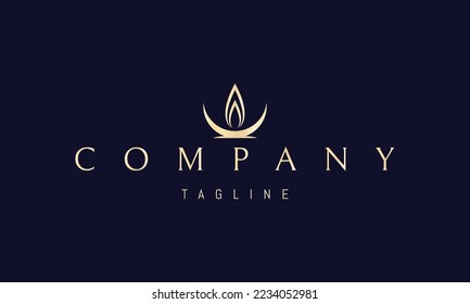 Vector golden logo on which an abstract image of an inverted moon with a candle flame in the form of a leaf.