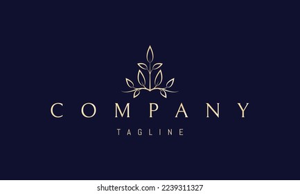 Vector golden logo on which an abstract image of a pattern of leaves in a linear style.