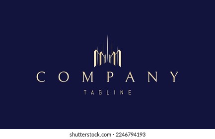 Vector golden logo on which an abstract image of columns in perspective in the shape of the letter M.
