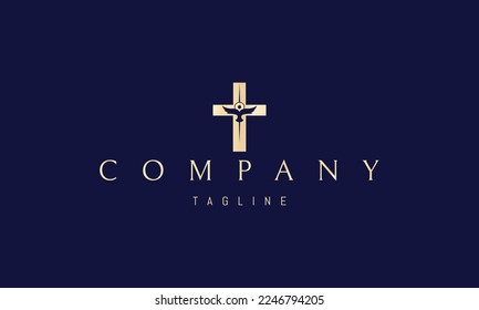 Vector golden logo on which an abstract image of a dove in the form of an angel against the background of a cross.