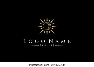 Vector golden logo on which an abstract image of the sun with rays in the center of which the moon and stars.