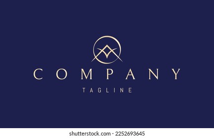 Vector golden logo on which an abstract image of a flying bird against the backdrop of mountains and the sun.