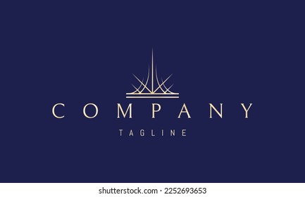 Vector golden logo on which an abstract image of a shining tower in a linear style.