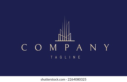 Vector golden logo on which an abstract image of skyscrapers composed of rays of light shining upwards.