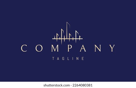 Vector golden logo on which an abstract image of the silhouette of the city in the form of an equalizer.