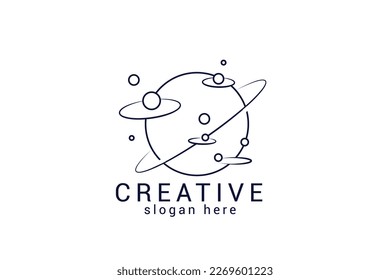 Vector golden logo on which an abstract image of an atom with neutrons and protons in the form of planets with orbits.
