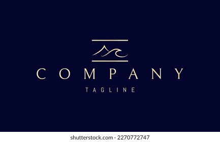 Vector golden logo on which an abstract image of a mountain and a wave in a linear minimalist style.