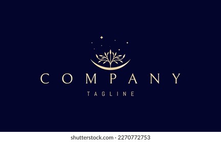 Vector golden logo on which an abstract image of a fertile tree with a moon at the base.