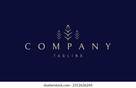 Vector golden logo on which an abstract image of three wheat spikelets in a linear style.